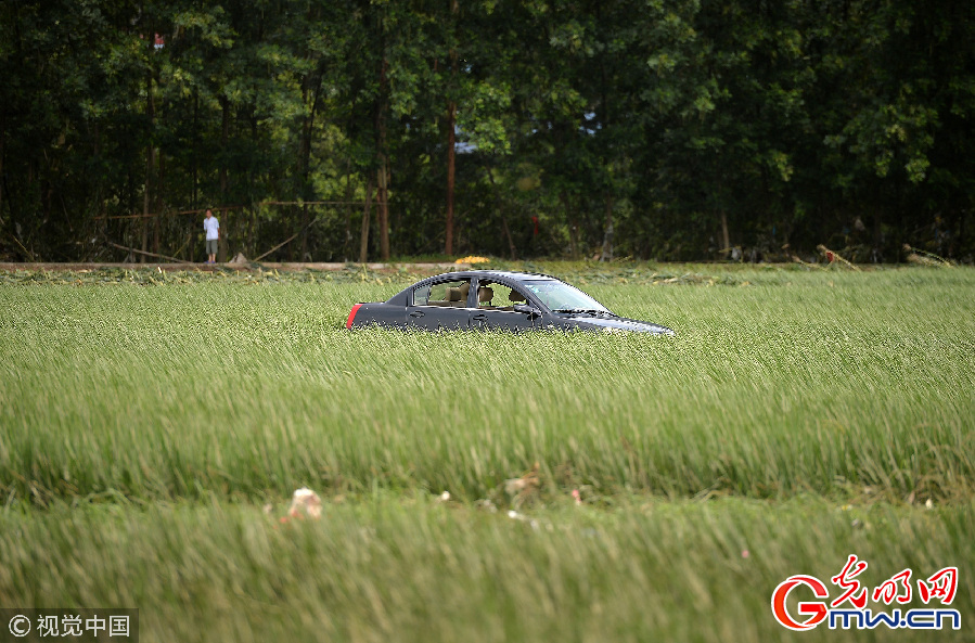 成都:遇洪水路边轿车漂移数十米 稻田中央等