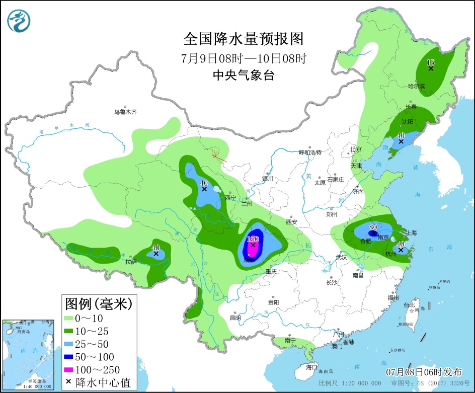 图3 全国降水量预报图(7月9日08时-10日08时)