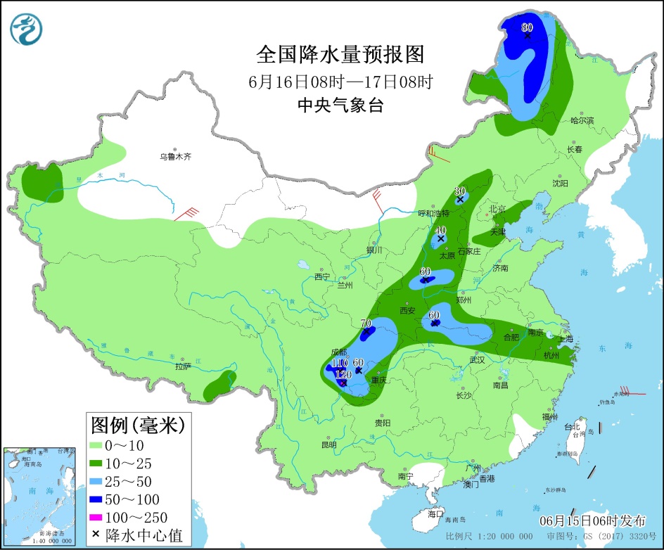 西北地区东部至长江中下游等地有较强降雨