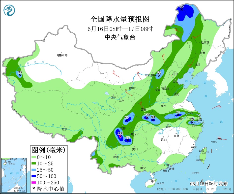 四川盆地至长江中下游等地有较强降雨