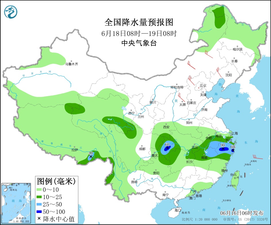 四川盆地至长江中下游等地有较强降雨