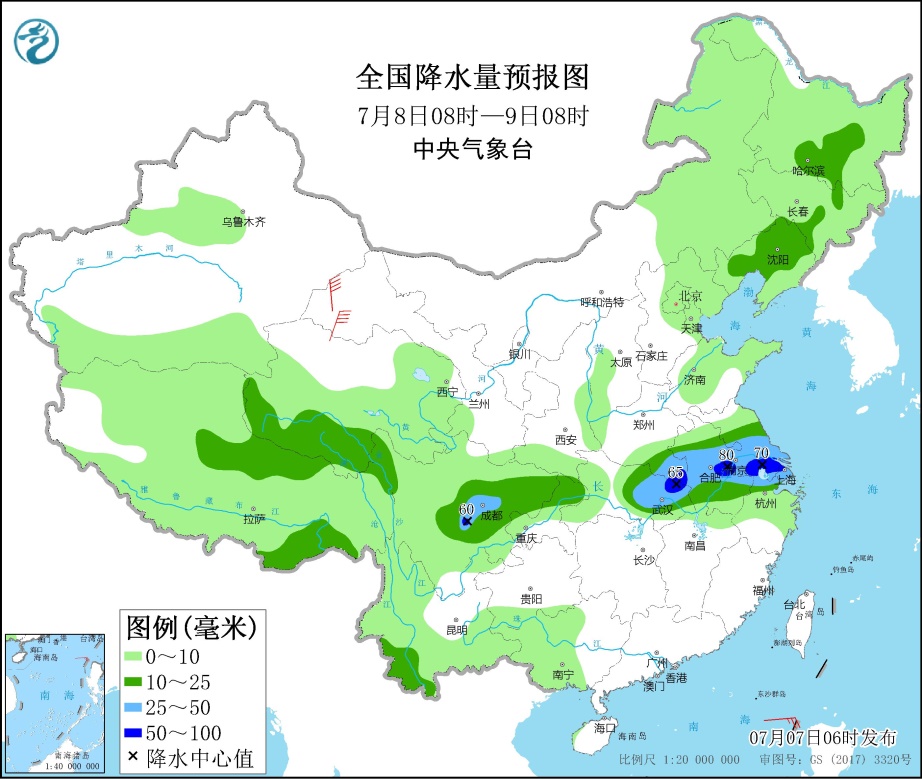 西南地区东部江汉至淮河流域有较强降水 南海热带低压将登陆海南岛