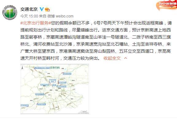 北京交通委：10月6日、7日下午预计会出现返程高峰