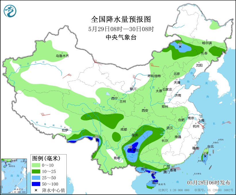 华南及西南地区东部有较强降水