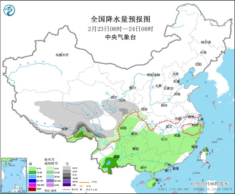 西南地区东部至长江中下游地区多阴雨 青藏高原西北地区东部等地有雨雪天气