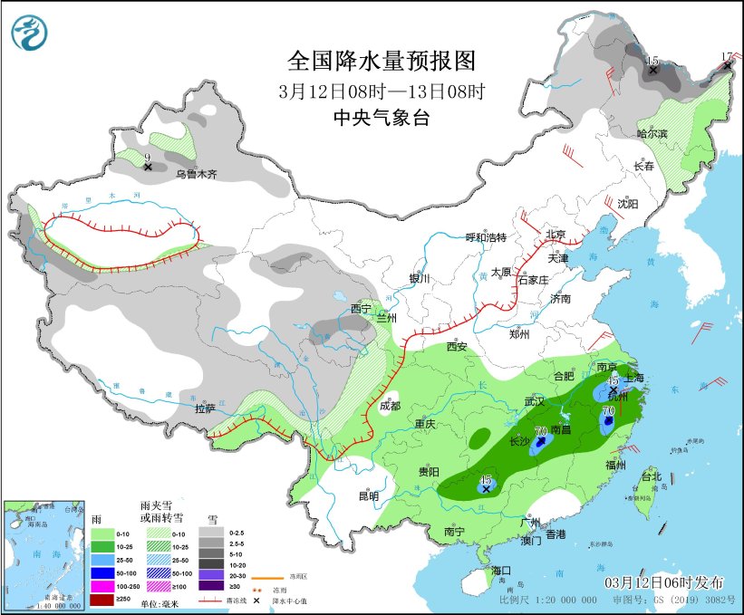 内蒙古东部有大风 我国北部和东部海域有大雾 南方地区持续阴雨天气