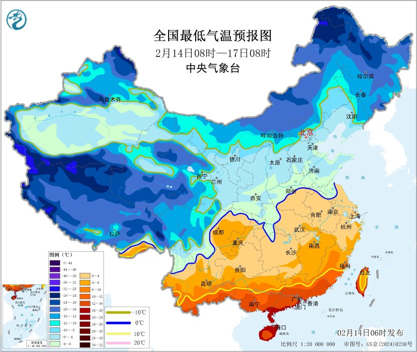 中东部地区有寒潮 江南北部黄海及琼州海峡有大雾 西南地区江南等地多阴雨天气