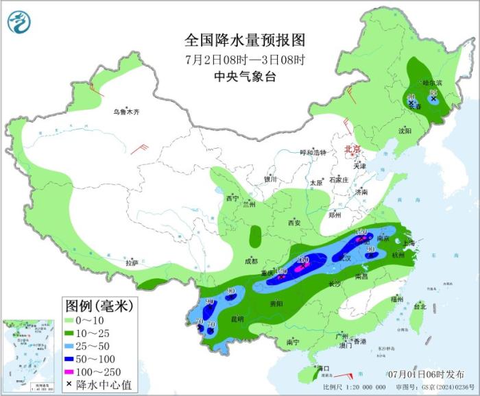 云贵高原至长江中下游强降雨持续 华北黄淮东北地区多雷阵雨
