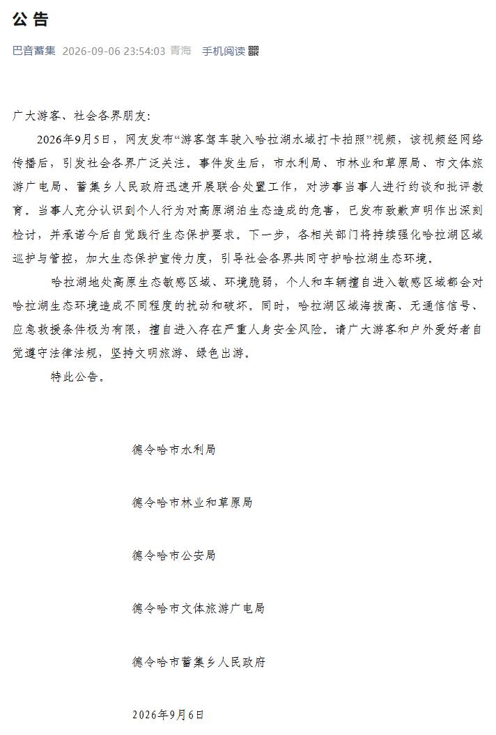 游客驾车驶入哈拉湖水域打卡拍照？青海德令哈市通报